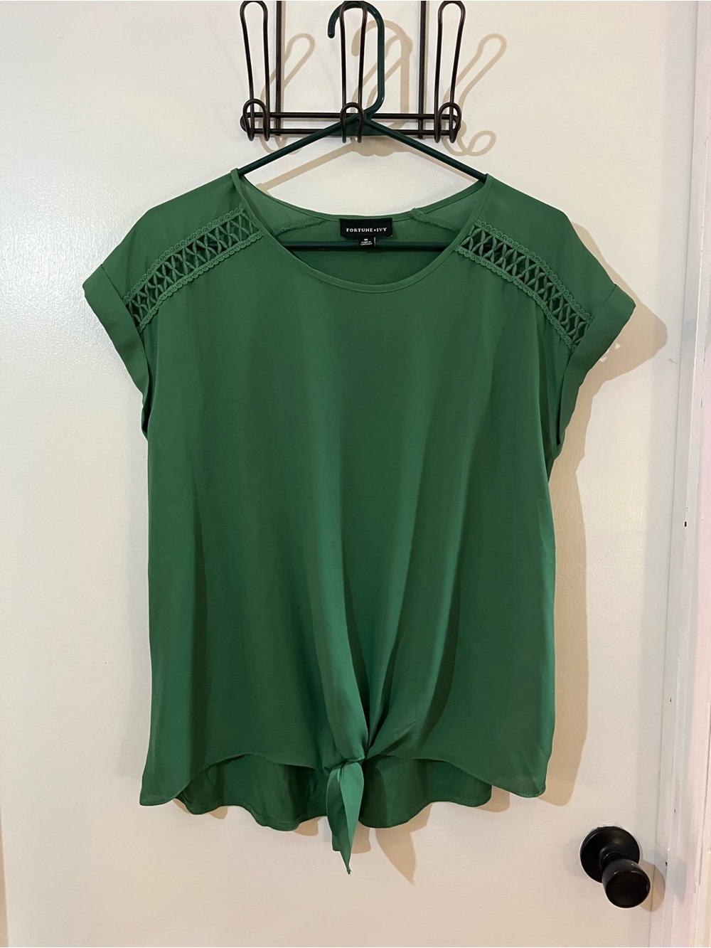 Worthington Hunter Green Tie-Front Short Sleeve Blouse
